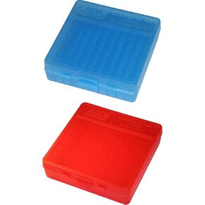 MTM P-100-9-24 Ammo Box 100 Round Flip-Top 9mm 380 ACP, Clear Blue & MTM 100 Round Flip-Top Ammo Box 40/45/10MM Cal (Clear Red)