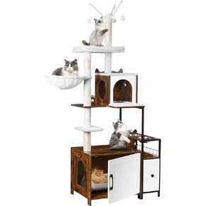 Snughome Cat Tree with Litter Box Enclosure, 3-in-1 Modern Cat Tower for Indoor Cats, 67.32’’ Hidden Cat Litter Box Furniture with Cat Condo, Food Station and Hammocks, All-in-one Cat Furniture, Grey