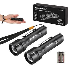 EverBrite 2-Pack 150 Lumens Super Small Mini LED Flashlight, Zoomable Flashlight with Lanyard&Clip, 3 Modes, IPX4 Waterproof, for Camping Hiking, Emergency, EDC, Survival Use, 2 AA Batteries Included