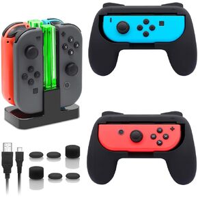 FastSnail Charging Dock and 2 Pack Switch Grips Kit for Nintendo Switch Joy Con & OLED Model, Charger Stand Station with Charging Cable, Wear-Resistant Grip Controller with 6 Thumb Grip