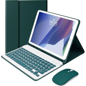 SOPPY Bluetooth Keyboard Case with Mouse for iPad 9th Gen 2021, 8th Gen 2020, 7th Gen 2019 10.2", Air 3 & Pro 10.5", Detachable Wireless Keyboard, Slim Protective Cover, Rechargeable, Dark Green