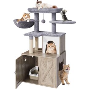 Cat Litter Box Enclosure with Cat Tree, All-in-One Wooden Indoor Cat House with Cat Tree Tower and Condo,Hidden Cat Washroom Furniture with Scratching Post,Hammocks,Multiple Platform,Soft Plush Perch
