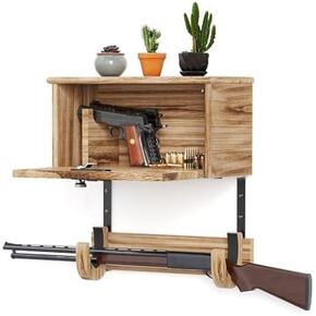 Gun Rack Wall Mount Lock Gun Racks for Wall With Storage 2 Pistol & 1 Gun, Wood Rifle Shotgun Wall Mount Gun display