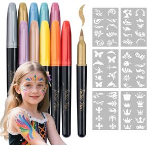 TRANSON Temporary tattoo Body Marker for Face Painting Body Painting 10 colors Brush Tip Including Stencil Stickers