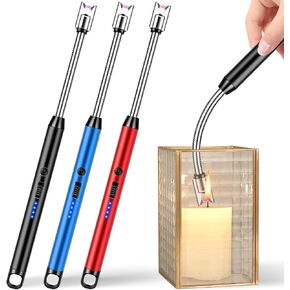 LcFun Electric Candle Lighter Windproof USB Rechargeable Plasma Lighter with LED Battery Display, 3 Pack Flameless Long Arc Lighters for Grill BBQ Camping Fireplace Stove(Black,Blue,Silver)