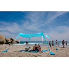 SUN NINJA 4 Person Pop Up Beach Tent Sun Shelter UPF50+ with Sand Shovel, Ground Pegs, Stability Poles and Sand Free Beach Blanket (Turquoise)