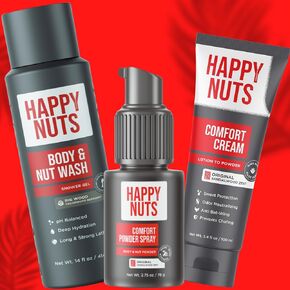 Happy Nuts Comfort Bundle - Comfort Cream Body Wash and Powder Spray - Anti-Chafing Sweat Defense and Men's Shower Body Wash