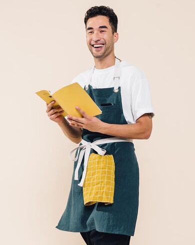 Caldo Linen Kitchen Apron للطهي - رجال ونسخة من الكتان المريلة للمشاهير المحترفة أو الخادم أو الباريستا مع جيوب (شجرة التنوب) in Kuwait