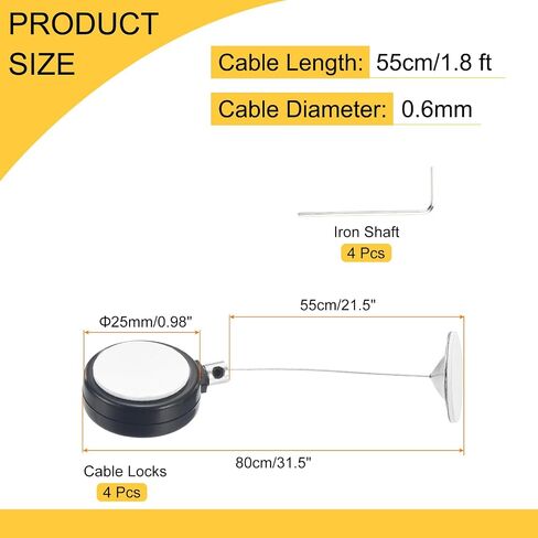 MECCANIXITY 1.8 ft Retractable Cable Lock with Round Patch Remote Control Security Lock with Adjustable Cord Tether Anti Theft for Laptop, TV, 200g, White, 4 Pack in Kuwait