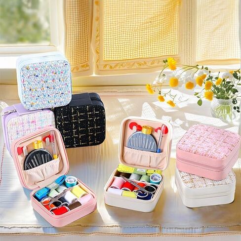 Mini Sewing Kit in Stylish Leather Case – Complete Set with Scissors, Needles, Thread, Needle Threader, Thimble & More – Perfect for Beginners & Travel (Pink) in Saudi Arabia