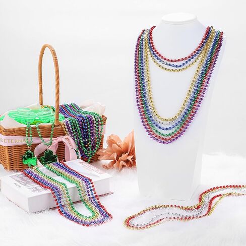 24PCS St Patricks Day Accessories 33" Plastic Green Beads Necklace Party Favors,Festival Parade Throw Accessory Sets for Mardi Gras in Kuwait