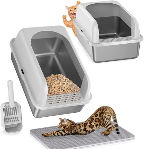 Stainless Steel Cat Litter Box, 24'' XL Extra Large Cat Litter Box with Lid, Metal Litter Box for Multiple Cats, Anti-Leakage,Non-Stick, Easy to Clean, Included Cat Litter Mat, Scoop in Saudi Arabia
