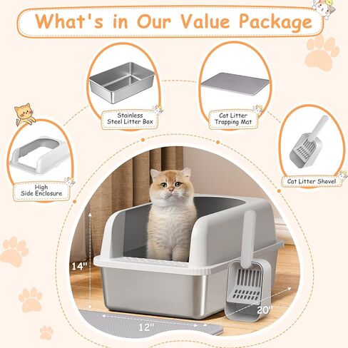 Stainless Steel Cat Litter Box, 24'' XL Extra Large Cat Litter Box with Lid, Metal Litter Box for Multiple Cats, Anti-Leakage,Non-Stick, Easy to Clean, Included Cat Litter Mat, Scoop in Saudi Arabia