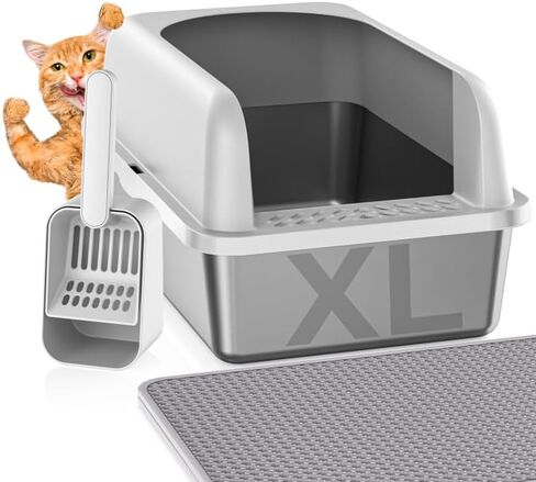 Stainless Steel Cat Litter Box, 24'' XL Extra Large Cat Litter Box with Lid, Metal Litter Box for Multiple Cats, Anti-Leakage,Non-Stick, Easy to Clean, Included Cat Litter Mat, Scoop in Saudi Arabia