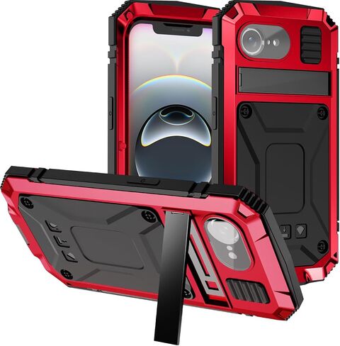 Miimall Cases for iPhone 16E Cases Screen Protector, [Invisible Kickstand & Convenient Hand Rope] 360 Degree Protection Wireless Charger Heavy Duty Phone Case for iPhone 16E, Red in Saudi Arabia