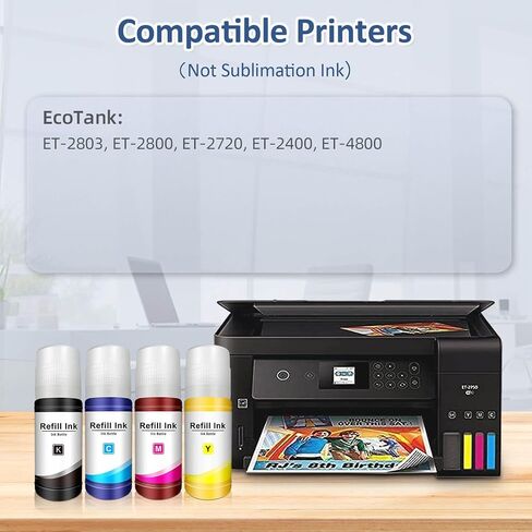 502 Ink Refill Bottles Replacement for Epson 502 Ink, Compatible with Ecotank Printers ET-2850, ET-4850, ET-15000, ET-3760, ET-2760, ET-3850, ET-3830, ET-4760 (4 Pack) in Saudi Arabia