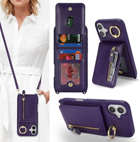 for iPhone 16 Plus Phone Case with Card Holder and Strap for Women, Crossbody Bag with Ring Stand Zipper Wallet Case for Apple16Plus Purse - Black in Kuwait