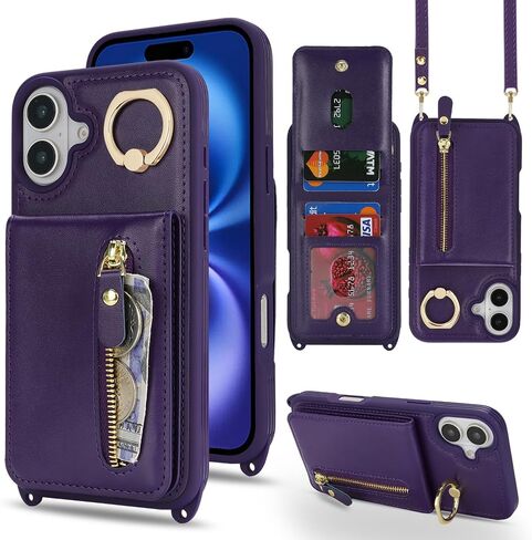 for iPhone 16 Plus Phone Case with Card Holder and Strap for Women, Crossbody Bag with Ring Stand Zipper Wallet Case for Apple16Plus Purse - Black in Kuwait