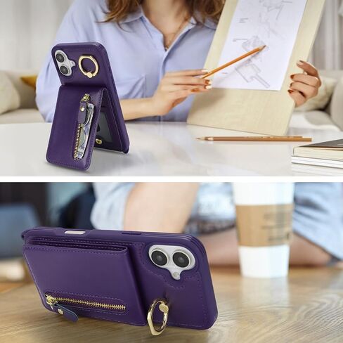 for iPhone 16 Plus Phone Case with Card Holder and Strap for Women, Crossbody Bag with Ring Stand Zipper Wallet Case for Apple16Plus Purse - Black in Kuwait
