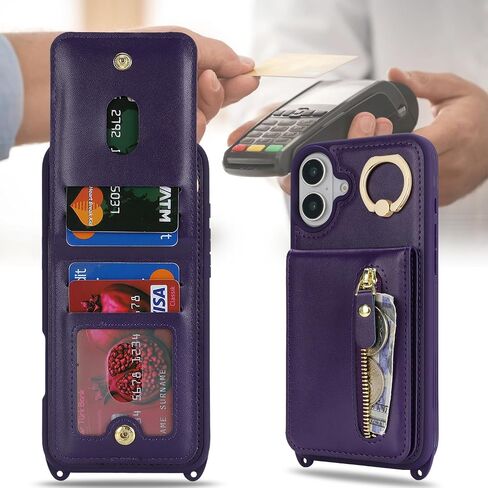 for iPhone 16 Plus Phone Case with Card Holder and Strap for Women, Crossbody Bag with Ring Stand Zipper Wallet Case for Apple16Plus Purse - Black in Kuwait
