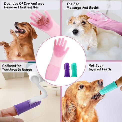2-in-1 Dog Washing Gloves with Finger Toothbrush - Silicone Pet Bathing Gloves for Gentle Cleaning, Massaging & Shedding - Perfect for Dogs and Cats - Comfortable and Multifunctional Design in Saudi Arabia