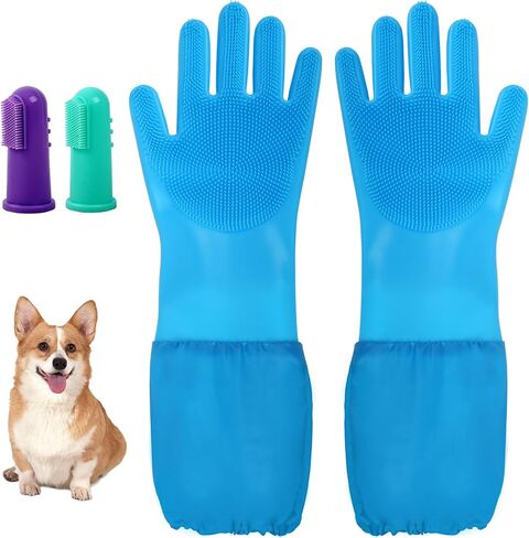 2-in-1 Dog Washing Gloves with Finger Toothbrush - Silicone Pet Bathing Gloves for Gentle Cleaning, Massaging & Shedding - Perfect for Dogs and Cats - Comfortable and Multifunctional Design in Saudi Arabia