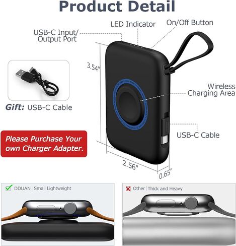 شاحن محمول DDUAN متوافق مع ساعة Apple، بنك طاقة لاسلكي للسفر بقدرة 5000 مللي أمبير مع كابل USB-C، متوافق مع iwatch 1 2 3 4 5 6 7 8 9 SE SE2 والهاتف 15/ سامسونج، أسود in Kuwait
