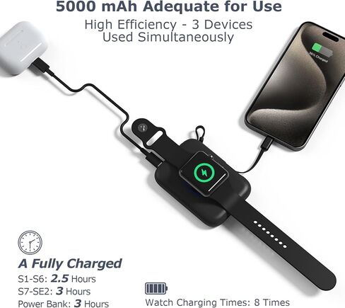 شاحن محمول DDUAN متوافق مع ساعة Apple، بنك طاقة لاسلكي للسفر بقدرة 5000 مللي أمبير مع كابل USB-C، متوافق مع iwatch 1 2 3 4 5 6 7 8 9 SE SE2 والهاتف 15/ سامسونج، أسود in Kuwait