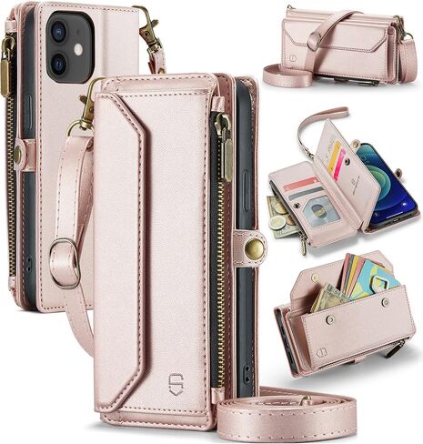 Crossbody Wallet Case Compatible with iPhone 12 / iPhone 12 Pro RFID Blocking 7-Card Holder PU Leather Magnetic Snap Shoulder Strap Zipper Pocket Phone Case Fit for iPhone 12 Pro - Rose Gold in Saudi Arabia