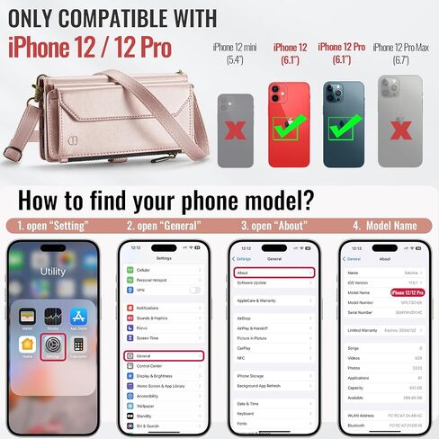 Crossbody Wallet Case Compatible with iPhone 12 / iPhone 12 Pro RFID Blocking 7-Card Holder PU Leather Magnetic Snap Shoulder Strap Zipper Pocket Phone Case Fit for iPhone 12 Pro - Rose Gold in Saudi Arabia