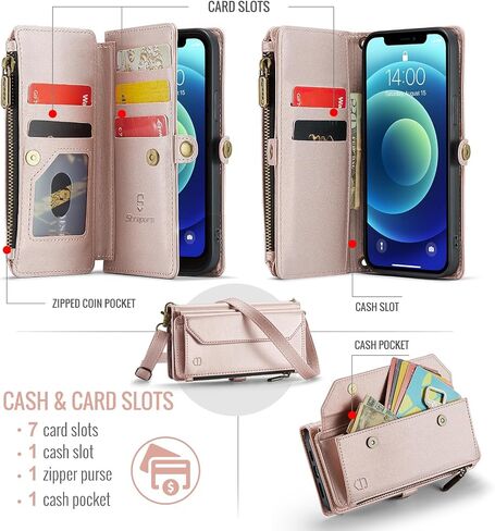 Crossbody Wallet Case Compatible with iPhone 12 / iPhone 12 Pro RFID Blocking 7-Card Holder PU Leather Magnetic Snap Shoulder Strap Zipper Pocket Phone Case Fit for iPhone 12 Pro - Rose Gold in Saudi Arabia