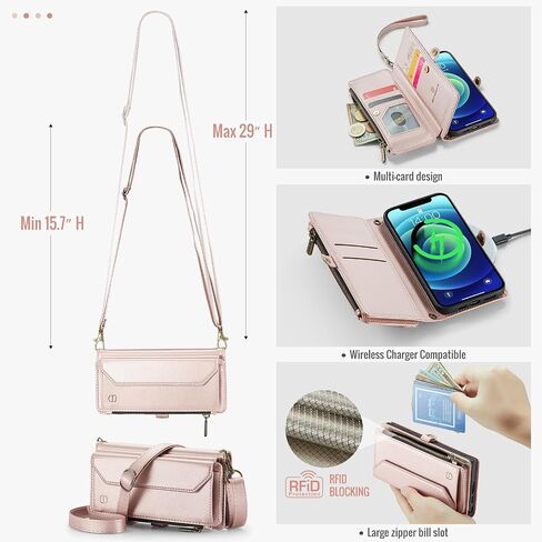Crossbody Wallet Case Compatible with iPhone 12 / iPhone 12 Pro RFID Blocking 7-Card Holder PU Leather Magnetic Snap Shoulder Strap Zipper Pocket Phone Case Fit for iPhone 12 Pro - Rose Gold in Saudi Arabia