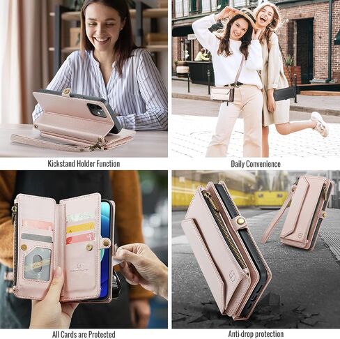 Crossbody Wallet Case Compatible with iPhone 12 / iPhone 12 Pro RFID Blocking 7-Card Holder PU Leather Magnetic Snap Shoulder Strap Zipper Pocket Phone Case Fit for iPhone 12 Pro - Rose Gold in Saudi Arabia