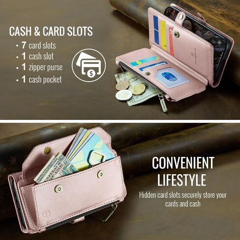 Crossbody Wallet Case Compatible with iPhone 12 / iPhone 12 Pro RFID Blocking 7-Card Holder PU Leather Magnetic Snap Shoulder Strap Zipper Pocket Phone Case Fit for iPhone 12 Pro - Rose Gold in Saudi Arabia