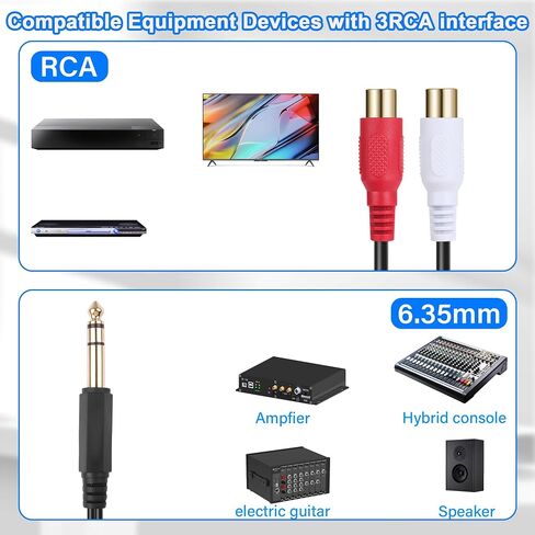 6.35mm to 2RCA Stereo Audio Cable 1/4 TRS Male to Dual RCA Male Splitter Cable Gold-Plated 1/4'' to 2RCA Audio Coiled Cable for Amplifiers Mixers Speakers 14 in/35cm in Saudi Arabia