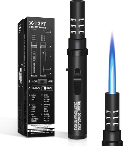 Lindproof Butane Torch Wighter مع قفل أمان ، أخف وزناً محمولاً مع لهب طائرة قابلة للتعديل لتخييم شموع الشواء ، شعلة طبخ المطبخ القابلة لإعادة التعبئة (بدون مملوءة) (أسود) (أسود) in Kuwait