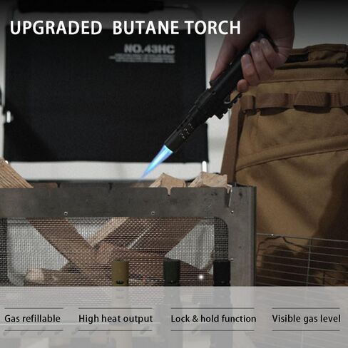 Lindproof Butane Torch Wighter مع قفل أمان ، أخف وزناً محمولاً مع لهب طائرة قابلة للتعديل لتخييم شموع الشواء ، شعلة طبخ المطبخ القابلة لإعادة التعبئة (بدون مملوءة) (أسود) (أسود) in Kuwait