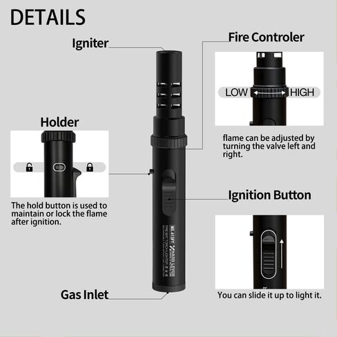 Lindproof Butane Torch Wighter مع قفل أمان ، أخف وزناً محمولاً مع لهب طائرة قابلة للتعديل لتخييم شموع الشواء ، شعلة طبخ المطبخ القابلة لإعادة التعبئة (بدون مملوءة) (أسود) (أسود) in Kuwait