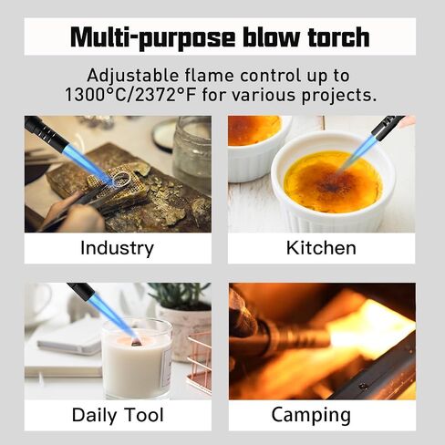Lindproof Butane Torch Wighter مع قفل أمان ، أخف وزناً محمولاً مع لهب طائرة قابلة للتعديل لتخييم شموع الشواء ، شعلة طبخ المطبخ القابلة لإعادة التعبئة (بدون مملوءة) (أسود) (أسود) in Kuwait