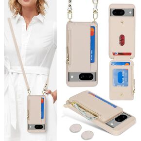 Cavor for Google Pixel 8 Pro Case Wallet with Strap, Pixel 8 Pro Leather Zipper Pocket Card Holder Case - Leopard White
