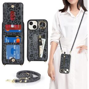 Jaorty Compatible with iPhone 15 Pro Max Case Wallet with Card Holder for Women,Ring Holder,PU Leather Magnetic Snap Zipper Phone Case with Crossbody Strap for iPhone 15 Pro Max 6.1",Black Leopard