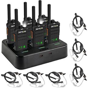 Retevis RB26H Walkie Talkies Long Range,GMRS Radio,6 Way Multi Unit Charger,Full Kit with Earpiece Kit,Hidden Display,Built in 2000mAh Battery, Repeater Capable, for Hospitality Warehouse (6 Pack)