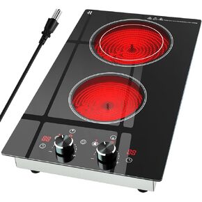 2 Burner Electric Cooktop 120V, 1800W Radiant Electric Stove Top with Countertop & Built-in Design, 12 inch Knob Control Ceramic Cooktop with Safety Lock, 9 Level Power, 99 Min Timer - Plug in