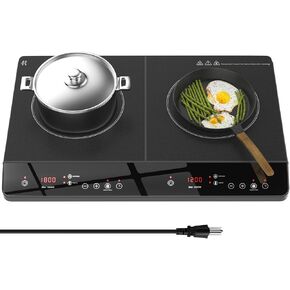 Double Induction Cooktop, Portable 1800W Induction Cooker 2 Burner Independent Touch Control, Ceramic Electric Stove with 9 Temperature and Power Level, Safety Lock, 3 Hour Timer - Black