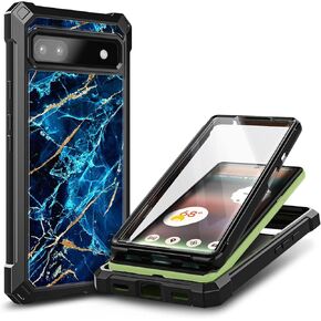 Designed for Google Pixel 6A Phone Case with [Built-in Screen Protector], Full-Body Protective Shockproof Rugged Bumper Cover Impact Resist Case (Marble Sapphire)