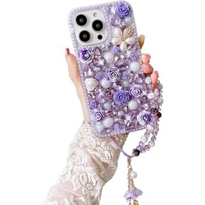 Bling Diamond Case for Samsung Galaxy A35 5G with Pearl Bracelet Strap Cover,Pink 3D Sparkly Shiny Crystal Rhinestones Flower Girly Shockproof Phone Case with Lanyard