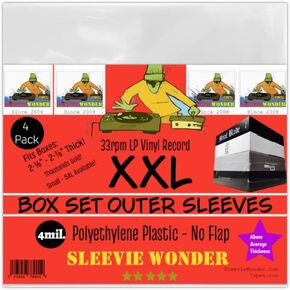 XXL Box Set Sleeves (4) No Flap 4mil Thick Strong Polyethylene Plastic for 33rpm LP Vinyl Record Album Boxset 2XL (+1 Free Dj Sticker)