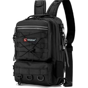 Fishing Backpack Small Tackle Sling Bag - with 2 Rod Holder - Storage Tackle Box, Fishing Gear Gifts, Black