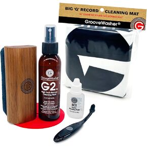 GrooveWasher Walnut Record Cleaning Kit, SC1 Cleaner & Stylus Brush + Exclusive 'Big G' Mat for Off-Turntable Cleaning & Quick Drying | 7-in-1 Gift Bundle for Vinyl Record Collectors with G2 Fluid