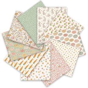 Whaline 10Pcs Easter Cotton Fabric Bundles Easter Bunny Egg Carrot Flower Fat Quarters Pastel Easter Spring Quilting Patchwork for DIY Handmade Craft Party Decor, 18 x 22 Inch